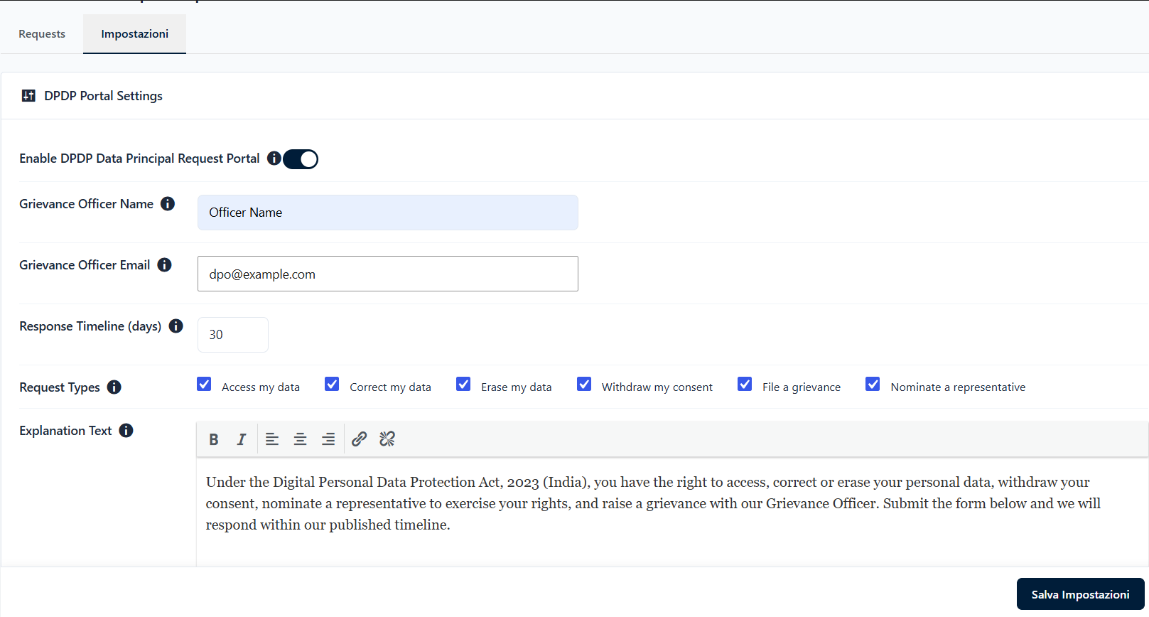 DSR form settings